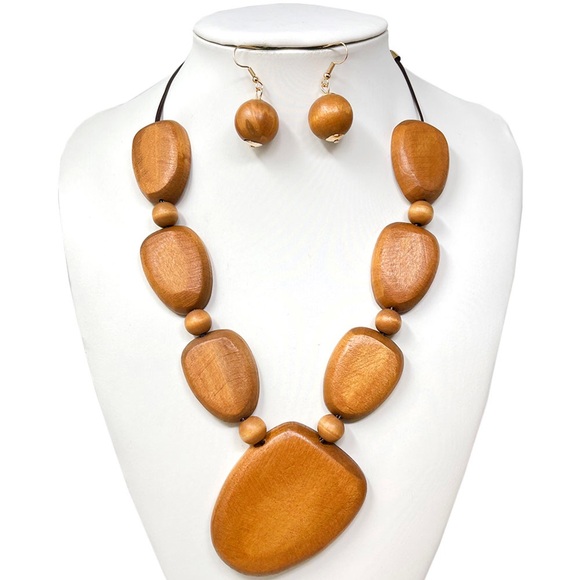 Brown Wood Geometric Abstract Statement Necklace Set - Picture 1 of 2